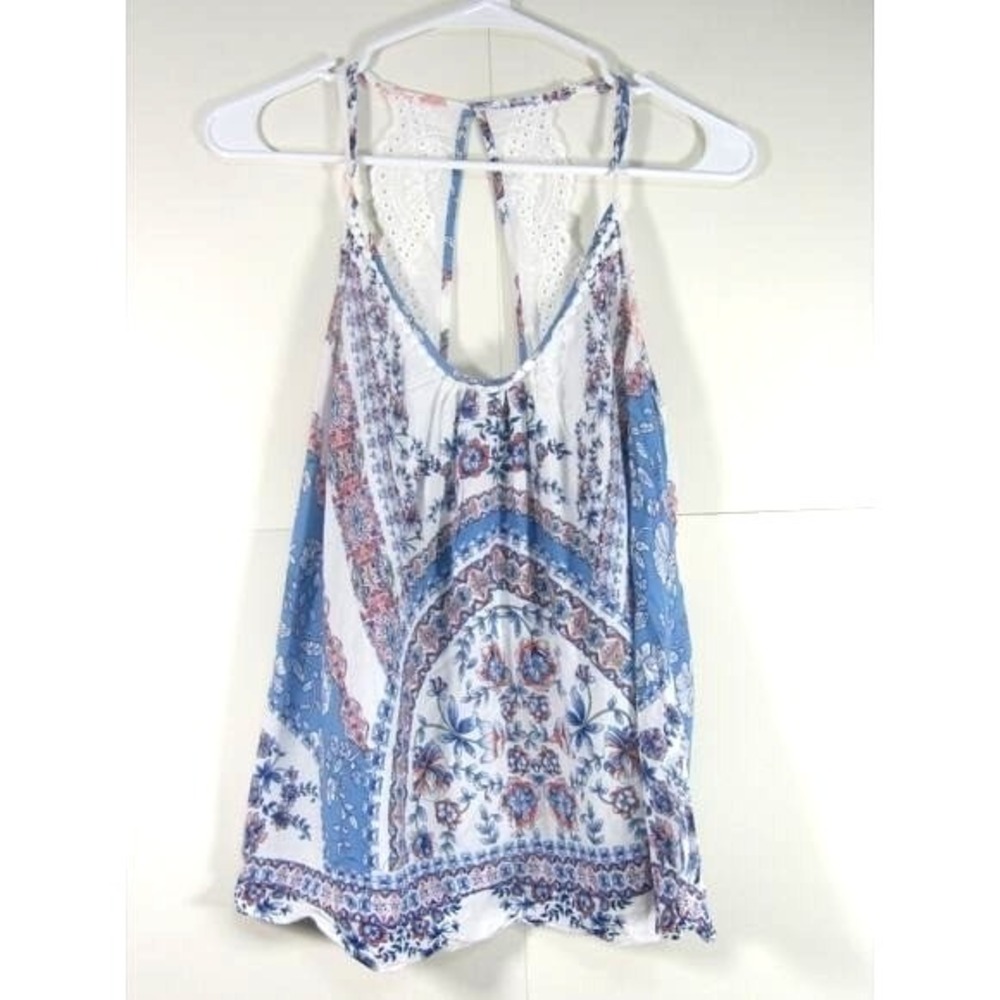 In Bloom Women Top Womens Medium Blue Floral Whimsical Boho Fairy Racerback Lace